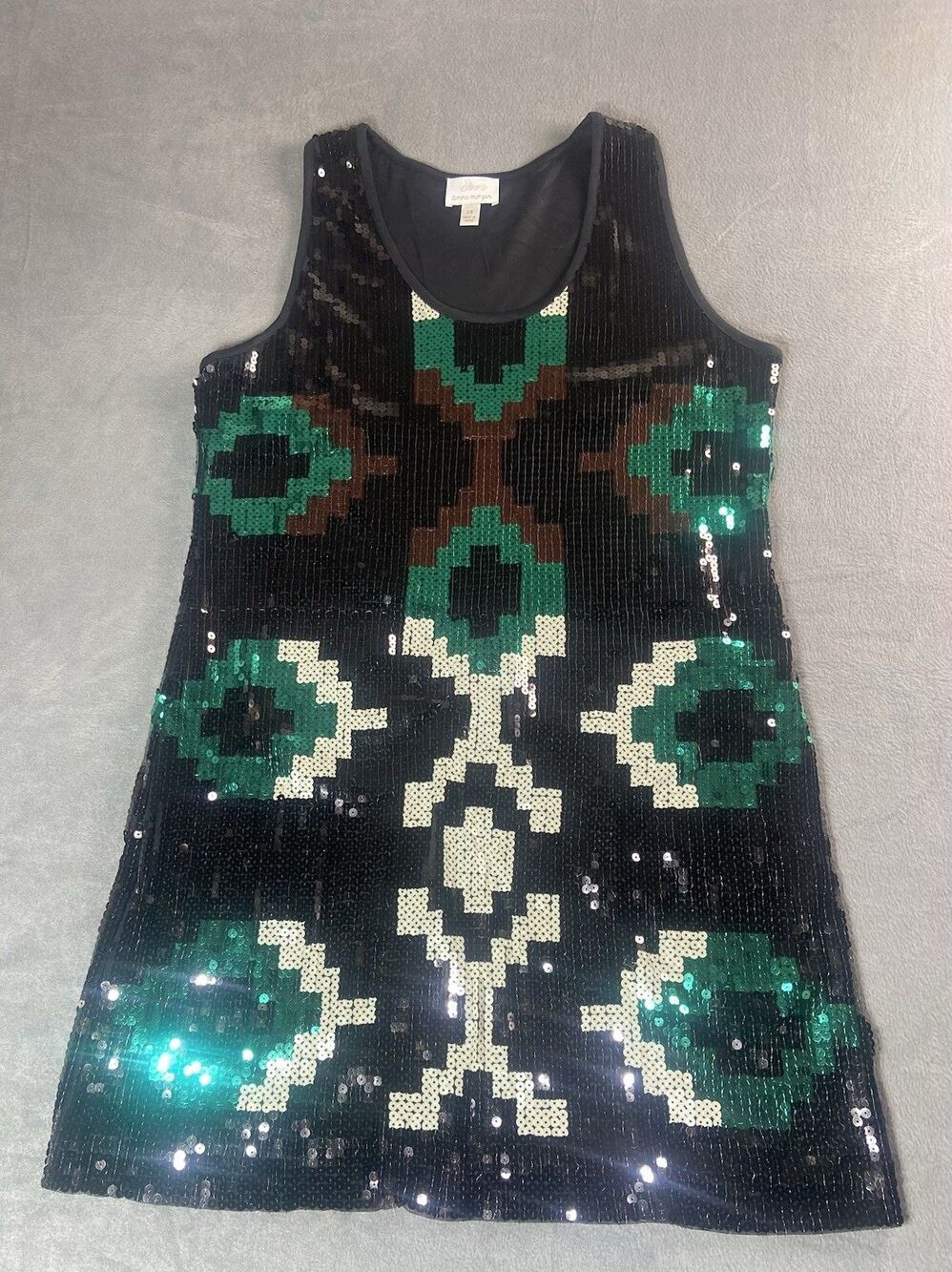 Donna Morgan Sequin Jersey Tank Dress Womens 14 Black Green Geometric Sleeveless